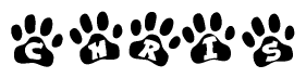 The image shows a series of animal paw prints arranged in a horizontal line. Each paw print contains a letter, and together they spell out the word Chris.