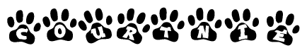 The image shows a series of animal paw prints arranged in a horizontal line. Each paw print contains a letter, and together they spell out the word Courtnie.