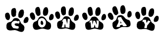The image shows a series of animal paw prints arranged horizontally. Within each paw print, there's a letter; together they spell Conway
