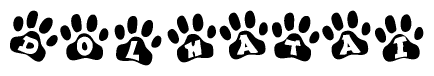 The image shows a row of animal paw prints, each containing a letter. The letters spell out the word Dolhatai within the paw prints.