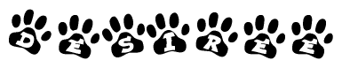 The image shows a row of animal paw prints, each containing a letter. The letters spell out the word Desiree within the paw prints.