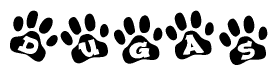 The image shows a series of animal paw prints arranged horizontally. Within each paw print, there's a letter; together they spell Dugas