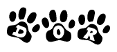 The image shows a series of animal paw prints arranged horizontally. Within each paw print, there's a letter; together they spell Dor