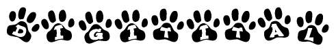 The image shows a series of animal paw prints arranged horizontally. Within each paw print, there's a letter; together they spell Digitital