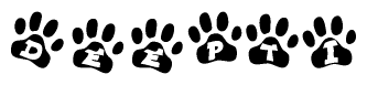 The image shows a series of animal paw prints arranged in a horizontal line. Each paw print contains a letter, and together they spell out the word Deepti.