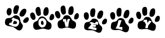 The image shows a row of animal paw prints, each containing a letter. The letters spell out the word Dovely within the paw prints.