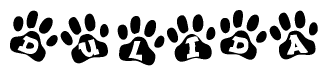 The image shows a series of animal paw prints arranged in a horizontal line. Each paw print contains a letter, and together they spell out the word Dulida.
