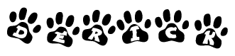 The image shows a series of animal paw prints arranged horizontally. Within each paw print, there's a letter; together they spell Derick
