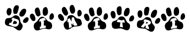The image shows a series of animal paw prints arranged in a horizontal line. Each paw print contains a letter, and together they spell out the word Dimitri.