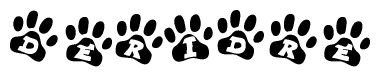 The image shows a series of animal paw prints arranged in a horizontal line. Each paw print contains a letter, and together they spell out the word Deridre.