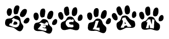 The image shows a series of animal paw prints arranged in a horizontal line. Each paw print contains a letter, and together they spell out the word Declan.