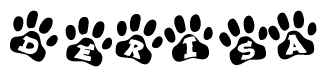 The image shows a series of animal paw prints arranged horizontally. Within each paw print, there's a letter; together they spell Derisa