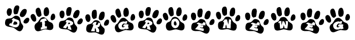 The image shows a series of animal paw prints arranged horizontally. Within each paw print, there's a letter; together they spell Dirkgroeneweg