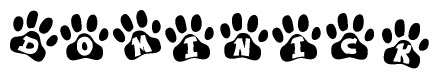 The image shows a series of animal paw prints arranged horizontally. Within each paw print, there's a letter; together they spell Dominick