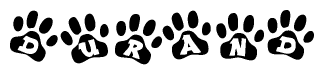 The image shows a series of animal paw prints arranged horizontally. Within each paw print, there's a letter; together they spell Durand