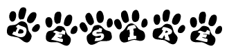 The image shows a series of animal paw prints arranged in a horizontal line. Each paw print contains a letter, and together they spell out the word Desire.