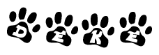 The image shows a row of animal paw prints, each containing a letter. The letters spell out the word Deke within the paw prints.