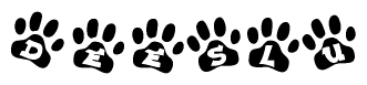 The image shows a series of animal paw prints arranged horizontally. Within each paw print, there's a letter; together they spell Deeslu