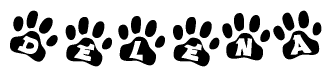 The image shows a series of animal paw prints arranged in a horizontal line. Each paw print contains a letter, and together they spell out the word Delena.
