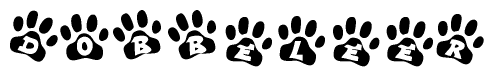 The image shows a row of animal paw prints, each containing a letter. The letters spell out the word Dobbeleer within the paw prints.