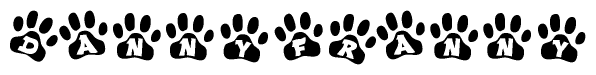 The image shows a series of animal paw prints arranged horizontally. Within each paw print, there's a letter; together they spell Dannyfranny