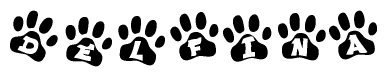 The image shows a series of animal paw prints arranged in a horizontal line. Each paw print contains a letter, and together they spell out the word Delfina.