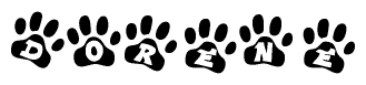 The image shows a series of animal paw prints arranged horizontally. Within each paw print, there's a letter; together they spell Dorene