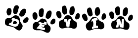The image shows a row of animal paw prints, each containing a letter. The letters spell out the word Devin within the paw prints.