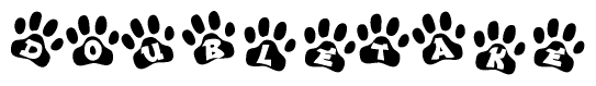 The image shows a series of animal paw prints arranged in a horizontal line. Each paw print contains a letter, and together they spell out the word Doubletake.