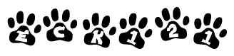 The image shows a series of animal paw prints arranged in a horizontal line. Each paw print contains a letter, and together they spell out the word Eck121.