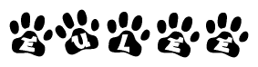 The image shows a row of animal paw prints, each containing a letter. The letters spell out the word Eulee within the paw prints.