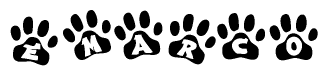 The image shows a row of animal paw prints, each containing a letter. The letters spell out the word Emarco within the paw prints.