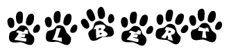 The image shows a row of animal paw prints, each containing a letter. The letters spell out the word Elbert within the paw prints.