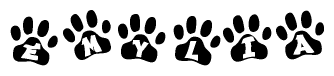 The image shows a row of animal paw prints, each containing a letter. The letters spell out the word Emylia within the paw prints.