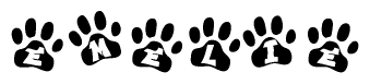 The image shows a series of animal paw prints arranged in a horizontal line. Each paw print contains a letter, and together they spell out the word Emelie.