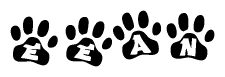 The image shows a series of animal paw prints arranged horizontally. Within each paw print, there's a letter; together they spell Eean