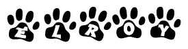 The image shows a row of animal paw prints, each containing a letter. The letters spell out the word Elroy within the paw prints.