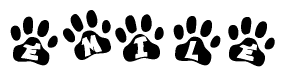 The image shows a row of animal paw prints, each containing a letter. The letters spell out the word Emile within the paw prints.