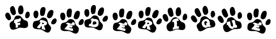 The image shows a series of animal paw prints arranged in a horizontal line. Each paw print contains a letter, and together they spell out the word Frederique.