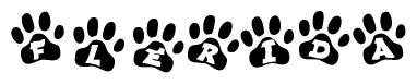 The image shows a row of animal paw prints, each containing a letter. The letters spell out the word Flerida within the paw prints.