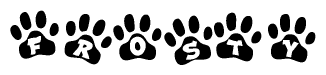 The image shows a row of animal paw prints, each containing a letter. The letters spell out the word Frosty within the paw prints.