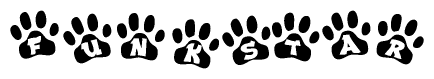 The image shows a series of animal paw prints arranged horizontally. Within each paw print, there's a letter; together they spell Funkstar