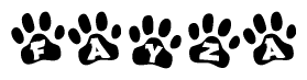 The image shows a series of animal paw prints arranged horizontally. Within each paw print, there's a letter; together they spell Fayza