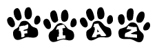 The image shows a series of animal paw prints arranged in a horizontal line. Each paw print contains a letter, and together they spell out the word Fiaz.