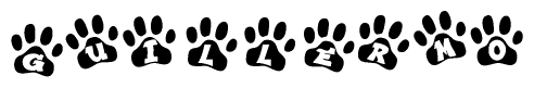 The image shows a row of animal paw prints, each containing a letter. The letters spell out the word Guillermo within the paw prints.
