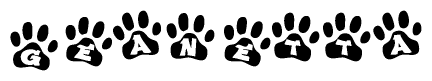 The image shows a series of animal paw prints arranged in a horizontal line. Each paw print contains a letter, and together they spell out the word Geanetta.