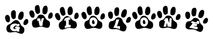 The image shows a series of animal paw prints arranged in a horizontal line. Each paw print contains a letter, and together they spell out the word Gviolone.