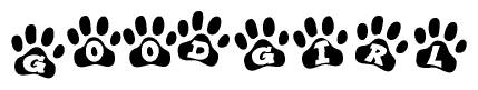 The image shows a row of animal paw prints, each containing a letter. The letters spell out the word Goodgirl within the paw prints.