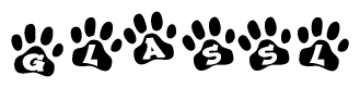 The image shows a row of animal paw prints, each containing a letter. The letters spell out the word Glassl within the paw prints.