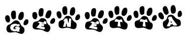 The image shows a series of animal paw prints arranged in a horizontal line. Each paw print contains a letter, and together they spell out the word Genetta.
